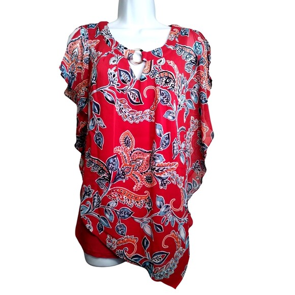 Apt. 9 Flowery Multicolor Red Cold Shoulder Layered Blouse Size Large - Picture 2 of 8